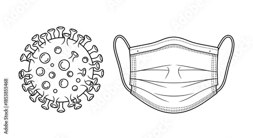 Detailed illustration of a coronavirus cell next to a protective surgical face mask for healthcare and pandemic prevention awareness.