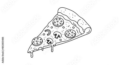 Single slice of delicious pepperoni pizza with mushrooms and melting cheese shown in a detailed black and white line art drawing style.