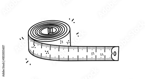 Rolled-up flexible measuring tape used for sewing or construction shown in a simple black and white line art drawing with spark accents.