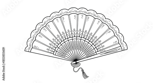 Elaborate folding hand fan decorated with lace edges and floral patterns shown in a detailed black and white line art illustration.