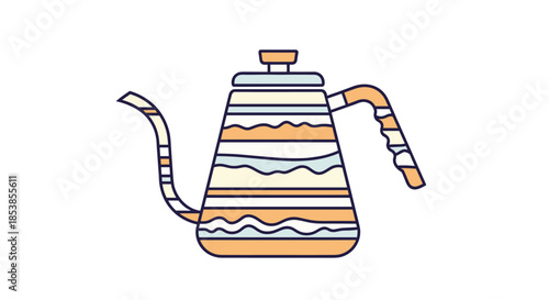 Stylish gooseneck coffee kettle with colorful patterned bands on the body and handle in a flat color vector illustration style.