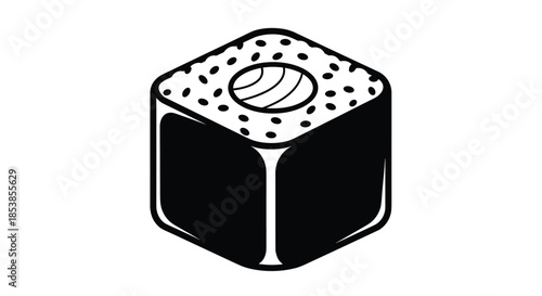 Single piece of maki sushi roll with rice, seaweed, and fish filling shown in a bold black and white line art illustration style.