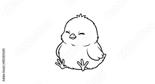 Adorable fluffy baby chick character sitting down with a happy smiling face shown in a clean black and white line art style.