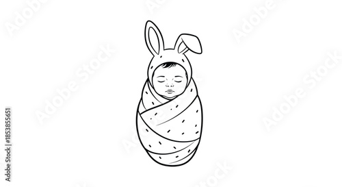 Cute swaddled baby wearing a hat with long bunny ears shown in a soft black and white line art style for nursery themes.