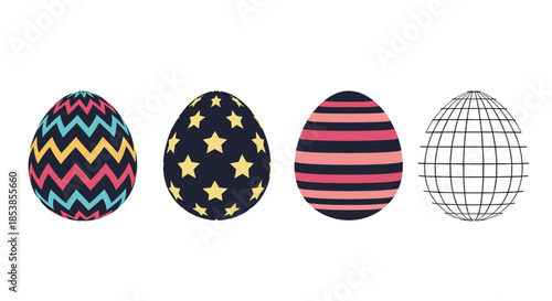 Set of four decorated easter eggs featuring zigzags, stars, stripes, and a wireframe grid pattern in a coordinated color set.