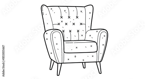 Comfortable padded armchair with a tufted backrest and thin wooden legs shown in a detailed black and white line art illustration.