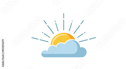 Bright yellow sun partially covered by a soft blue cloud with rays of light in a clean flat color weather icon illustration.