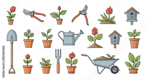 Large collection of gardening items including potted plants, flowers, birdhouses, a watering can, and various hand tools.