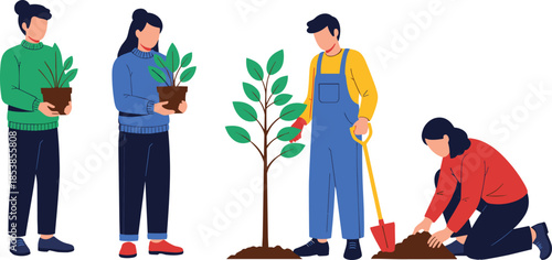 People planting trees together eco friendly gardening activity illustration showing teamwork sustainability and environmental care isolated on white background