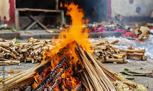 Sacred Fire Burning Brightly on a Wooden Pyre During a Traditional Cremation Ceremony.
