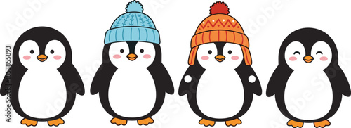 Cute penguin character set wearing winter hats cartoon illustration isolated on white background adorable animal mascot flat design