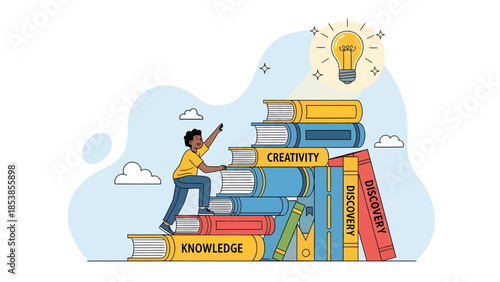 Person climbing stairs made of books towards a bright idea lightbulb.