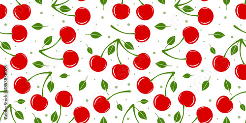 Red cherry seamless pattern, ripe berry with green leaves endless texture. Cartoon red cherries design for packaging, clothes, background, cover, fabric, textile, wallpaper. Vector illustration