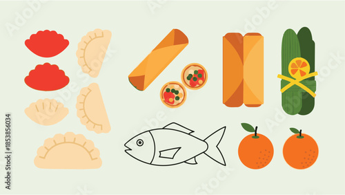 Lunar New Year Foods, Dumplings, Oranges, Fish, and Spring Rolls