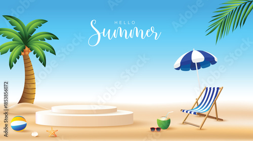 Summer beach scene with podium display, palm trees, deck chair, umbrella, coconut drink and clear blue sky. Tropical background for product presentation.