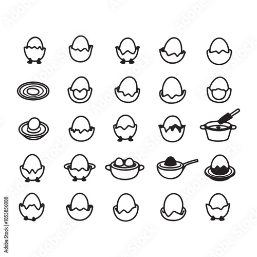 Collection of minimal line art icons depicting eggs nests and cooking elements