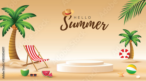Summer beach background with tropical palm trees, deck chair, podium stage, beach accessories and “Hello Summer” text, ideal for vacation, travel and product display design.