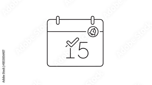 Minimalist calendar icon with a checked date fifteen and clock symbol.