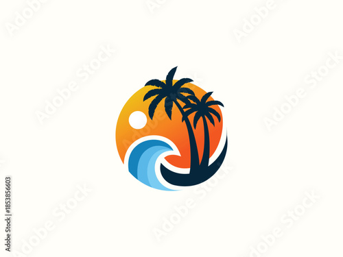 Palm tree and sunset, beach logo design vector template