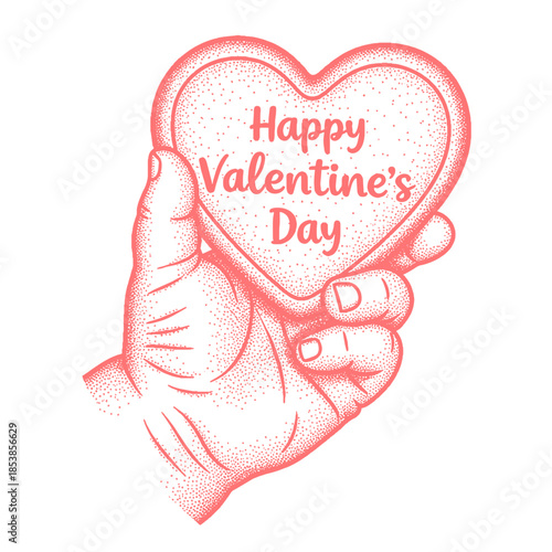 baby hand holding a heart-shaped Happy Valentine's Day cookie in retro halftone style