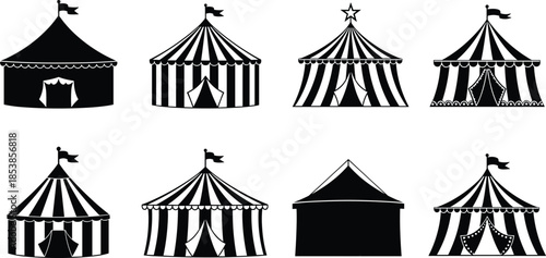Black and White Circus Tent Silhouette Icons Set, Isolated Vector Illustrations of Carnival Big Top Tents for Festival Event Design
