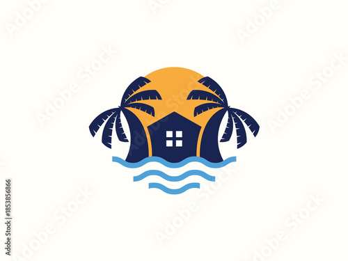 Palm tree and sunset, beach logo design vector template