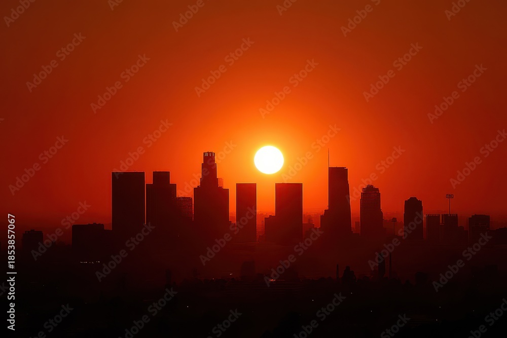 Obraz premium Los Angeles Skyline at Dawn: A Vibrant Silhouette Bathed in Sunrise Hues