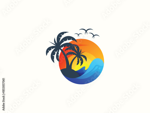 Palm tree and sunset, beach logo design vector template