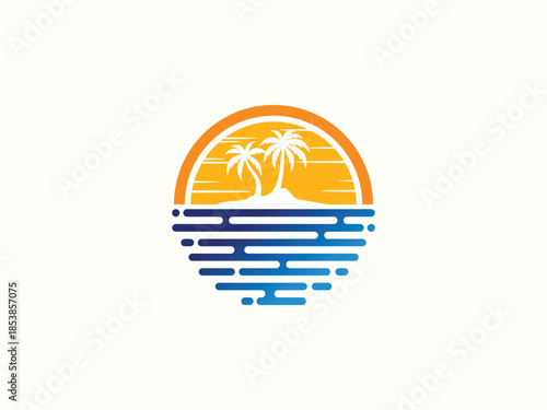 Palm tree and sunset, beach logo design vector template