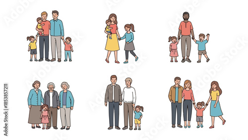 Diverse family groups and generations together in modern illustration