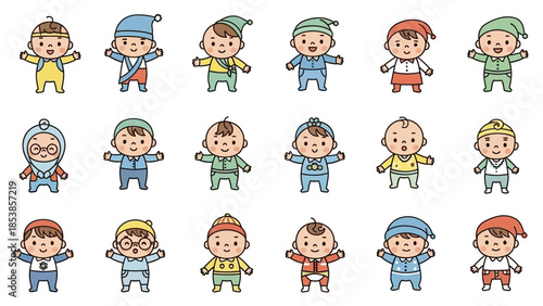 Diverse group of happy cartoon babies in colorful outfits and hats