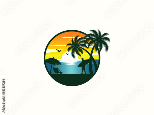 Palm tree and sunset, beach logo design vector template