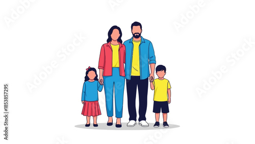Happy family standing together in colorful casual clothes