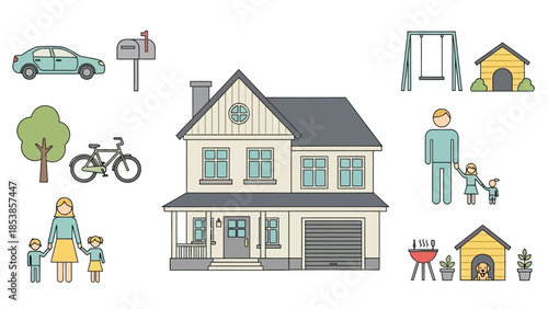 Suburban family home with car, tree, swing, and dog house