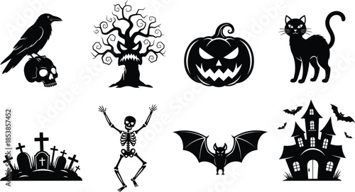 Halloween spooky silhouettes set with pumpkin skull crow bat cat haunted house cemetery tree skeleton icons black vector illustration collection