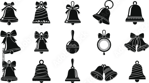 Black decorative bell silhouettes set with bows and ornaments, festive holiday ringing icons collection, Christmas celebration symbols isolated vector illustration