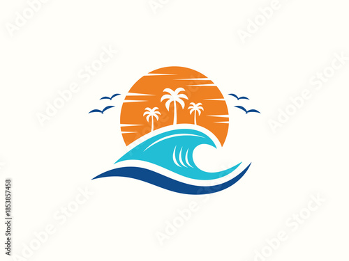 Palm tree and sunset, beach logo design vector template