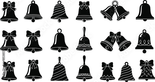 Black bell silhouettes collection with bows and ornaments, festive ringing symbols set, holiday decoration icons, isolated vector illustration pack