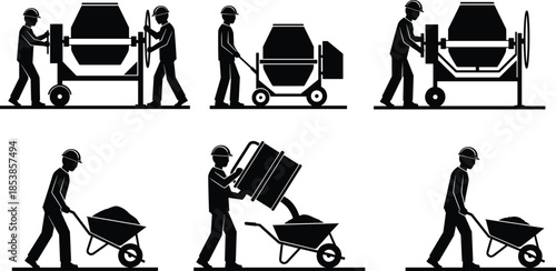 Construction workers operating concrete mixer and wheelbarrows, industrial labor silhouettes showing building process, teamwork, safety helmets, site equipment vector illustration