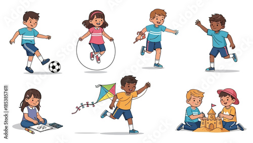 Happy children playing together outdoors with various activities