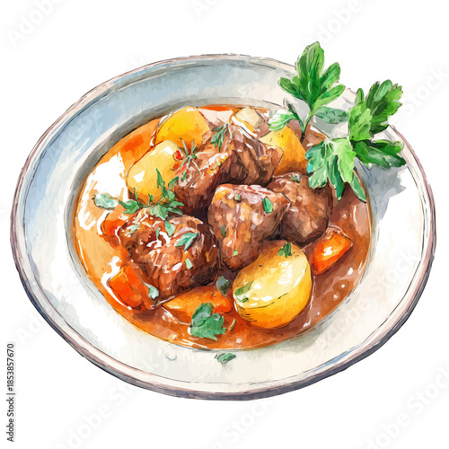Watercolor illustration of Lamb Stew, vector artwork, isolated on white background.