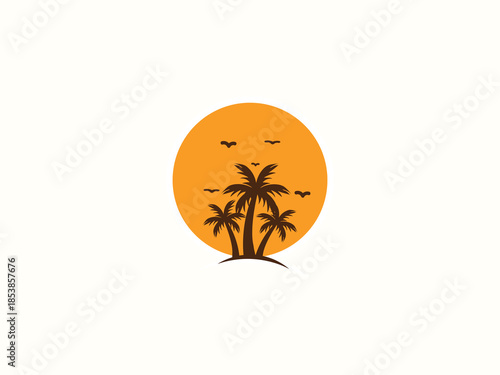 Palm tree and sunset, beach logo design vector template
