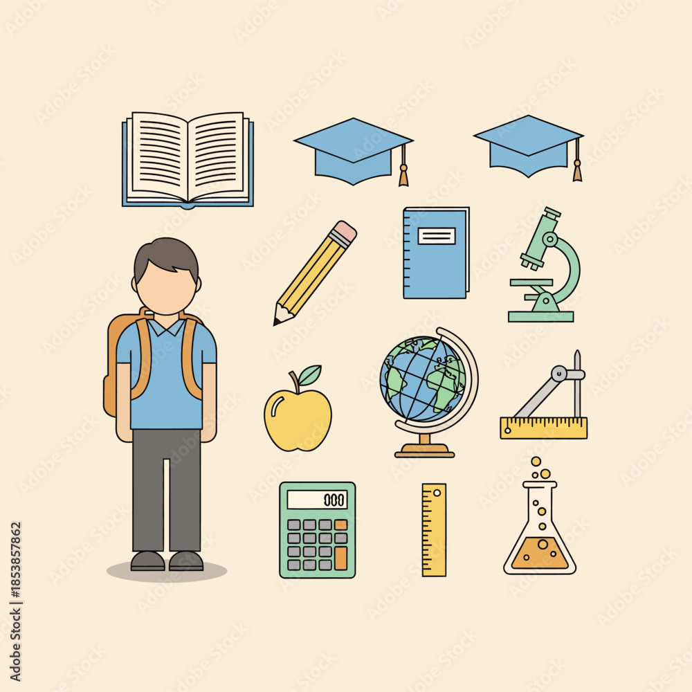 Fototapeta premium Student with backpack and various educational tools for learning.