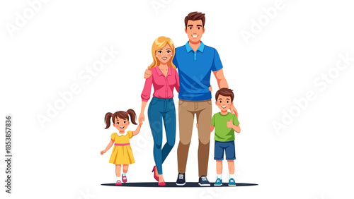 A happy family of four walking together in a cartoon style