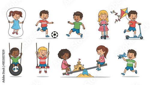 A colorful illustration of children playing and having fun outdoors together