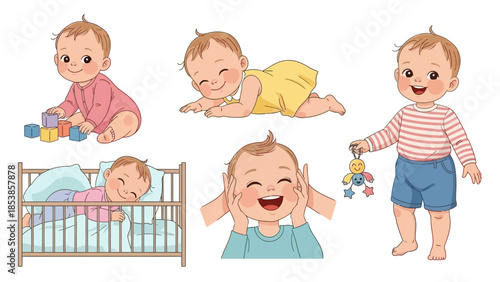 A cartoon illustration of a baby in various playful and sleeping positions