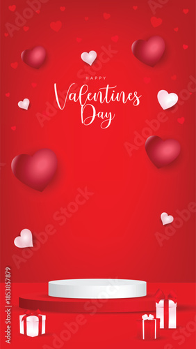 Red Valentine’s Day background with floating hearts, gift boxes, and empty podium for product display. Romantic holiday concept for advertising, promotion, and love celebration.