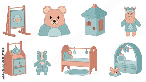 A collection of adorable baby items and toys in pastel colors