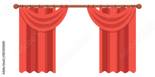 Crimson Stage Curtain A detailed illustration of elegantly draped red curtains, suspended from a wooden rod, inviting the viewer into a world of dramatic arts and performance.