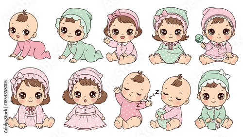 A group of adorable cartoon babies and toddlers in various poses and outfits